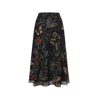 🩰 Jupe Midi Taille Haute A-Line en Tulle Imprimé Fleurs Papillons – Modèle Fluide Élégant Femme