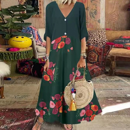 Robe longue d'été à col en V et boutons pour femme