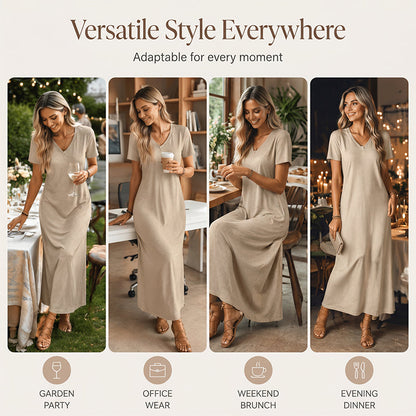 ⌛Offre à durée limitée – Robe longue à manches courtes et col en V pour femme