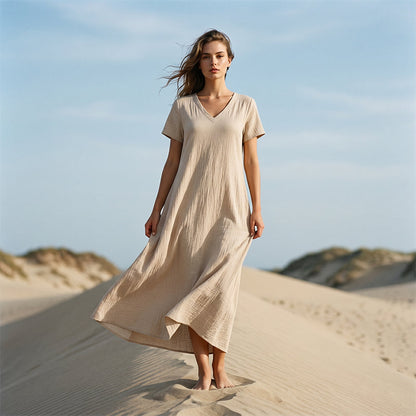 ⌛Offre à durée limitée – Robe longue à manches courtes et col en V pour femme