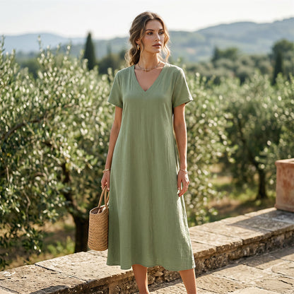 ⌛Offre à durée limitée – Robe longue à manches courtes et col en V pour femme