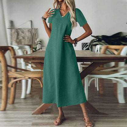 ⌛Offre à durée limitée – Robe longue à manches courtes et col en V pour femme