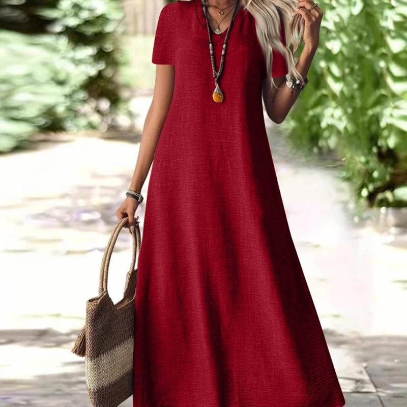⌛Offre à durée limitée – Robe longue à manches courtes et col en V pour femme