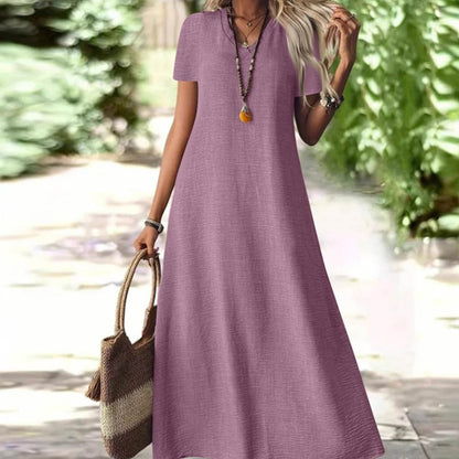 ⌛Offre à durée limitée – Robe longue à manches courtes et col en V pour femme