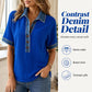 Chemise à manches courtes en jean pour femme, col en V et col en V