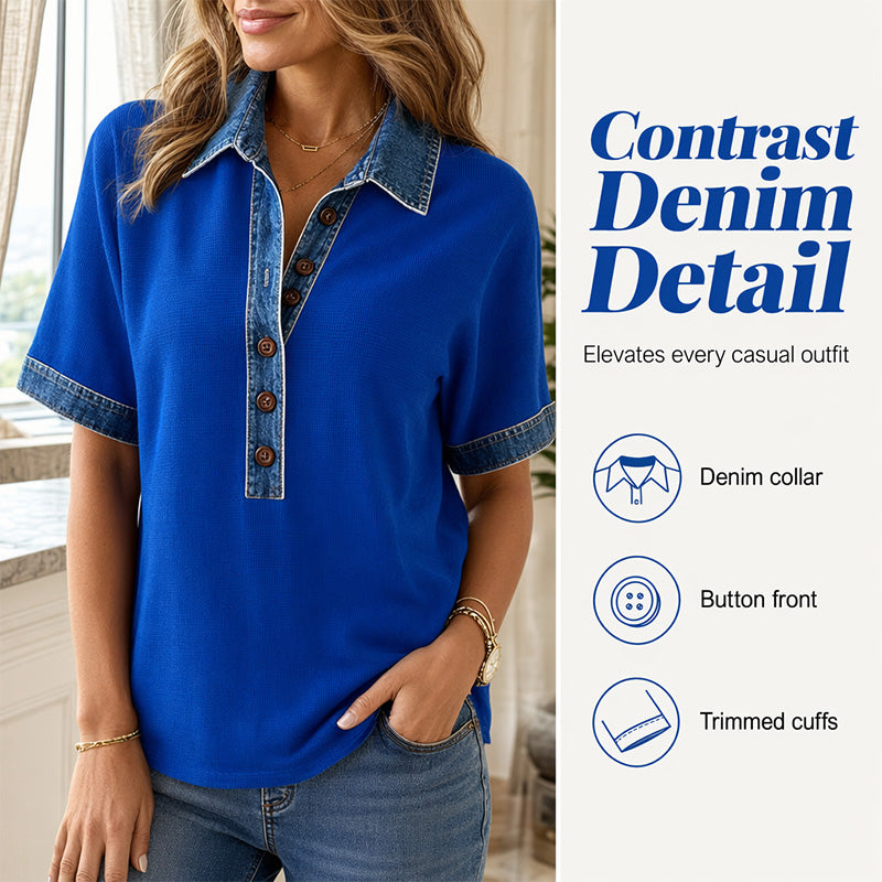Chemise à manches courtes en jean pour femme, col en V et col en V