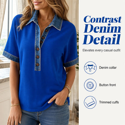 Chemise à manches courtes en jean pour femme, col en V et col en V