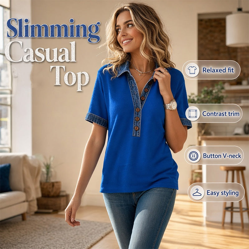 Chemise à manches courtes en jean pour femme, col en V et col en V