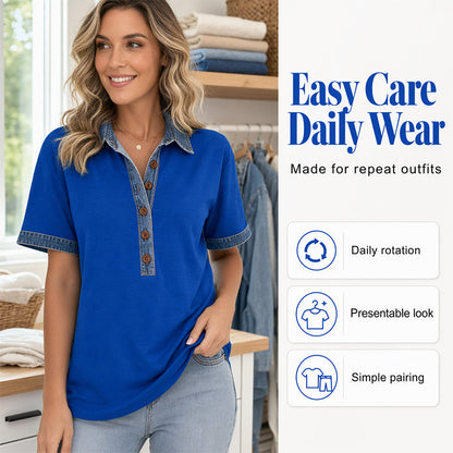 Chemise à manches courtes en jean pour femme, col en V et col en V