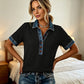 Chemise à manches courtes en jean pour femme, col en V et col en V
