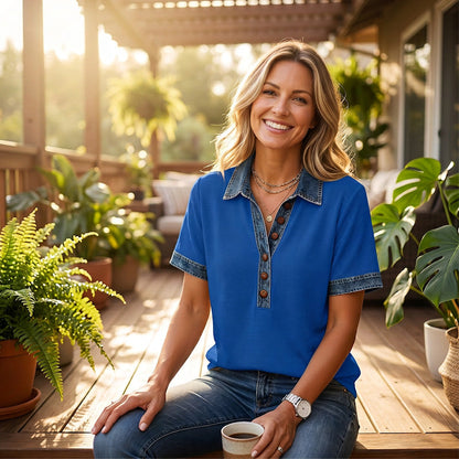 Chemise à manches courtes en jean pour femme, col en V et col en V