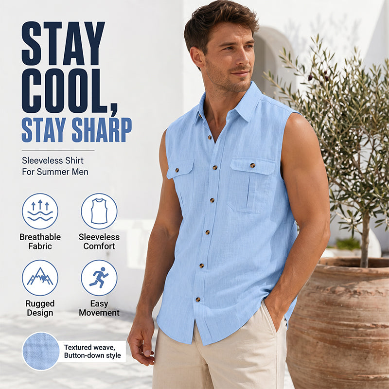 👔 Chemise Sans Manches Homme Col Chemise à Deux Poches Poitrine – Haut Décontracté à Boutons Naturels Coupe Ample
