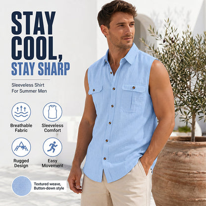 👔 Chemise Sans Manches Homme Col Chemise à Deux Poches Poitrine – Haut Décontracté à Boutons Naturels Coupe Ample