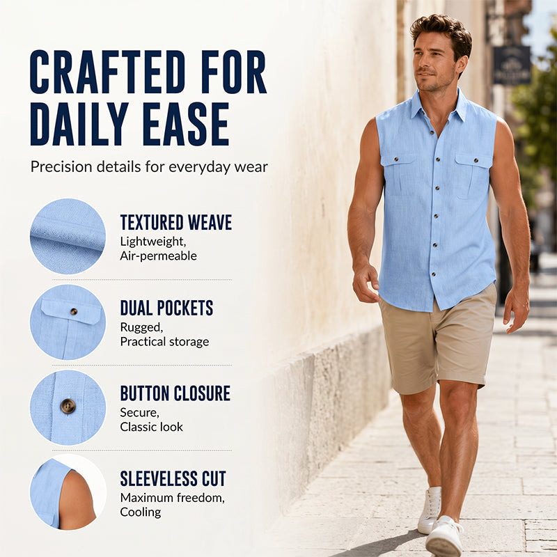 👔 Chemise Sans Manches Homme Col Chemise à Deux Poches Poitrine – Haut Décontracté à Boutons Naturels Coupe Ample