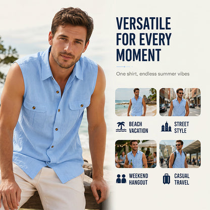 👔 Chemise Sans Manches Homme Col Chemise à Deux Poches Poitrine – Haut Décontracté à Boutons Naturels Coupe Ample