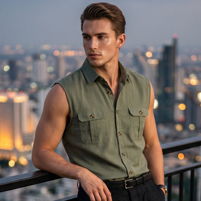 👔 Chemise Sans Manches Homme Col Chemise à Deux Poches Poitrine – Haut Décontracté à Boutons Naturels Coupe Ample