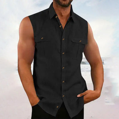 👔 Chemise Sans Manches Homme Col Chemise à Deux Poches Poitrine – Haut Décontracté à Boutons Naturels Coupe Ample