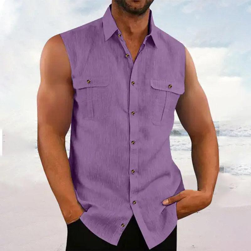 👔 Chemise Sans Manches Homme Col Chemise à Deux Poches Poitrine – Haut Décontracté à Boutons Naturels Coupe Ample