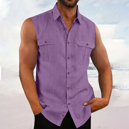 👔 Chemise Sans Manches Homme Col Chemise à Deux Poches Poitrine – Haut Décontracté à Boutons Naturels Coupe Ample
