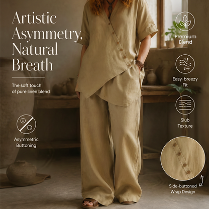 Ensemble femme composé d'un haut asymétrique et d'un pantalon à jambes larges