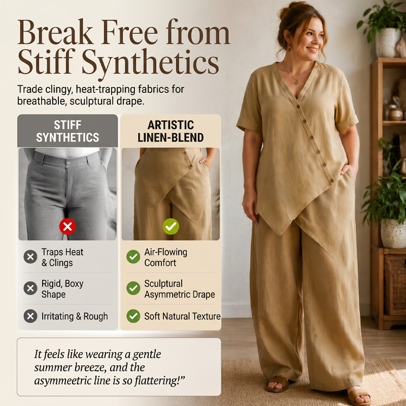 Ensemble femme composé d'un haut asymétrique et d'un pantalon à jambes larges