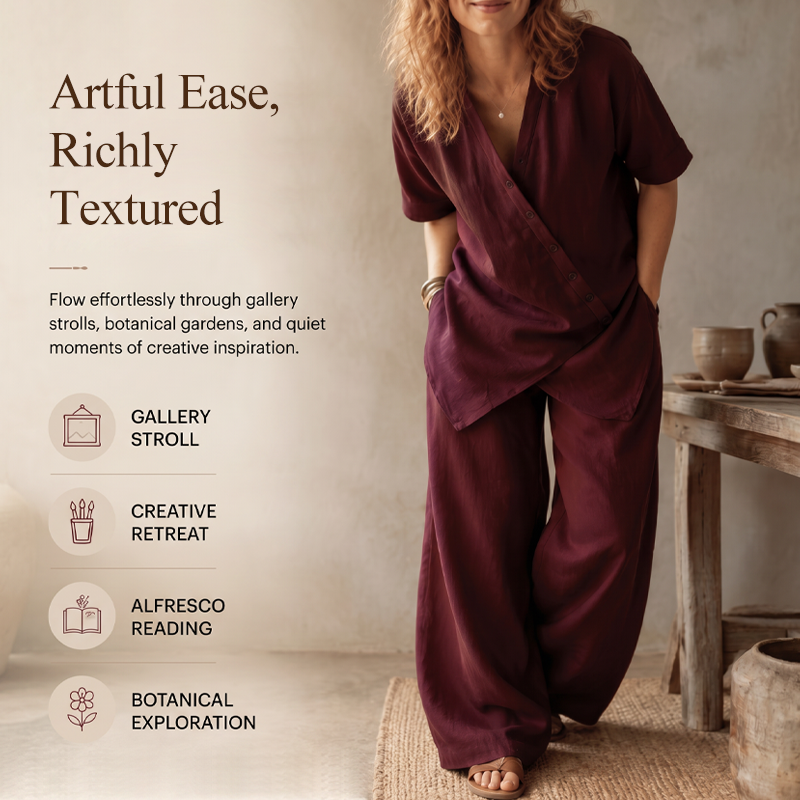 Ensemble femme composé d'un haut asymétrique et d'un pantalon à jambes larges