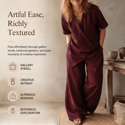 Ensemble femme composé d'un haut asymétrique et d'un pantalon à jambes larges