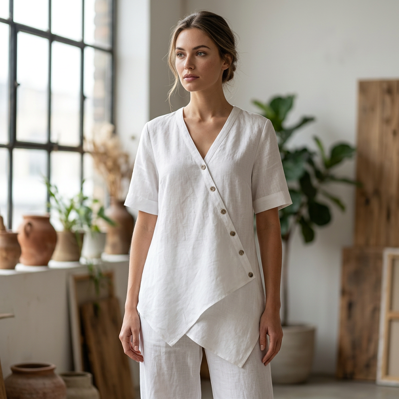 Ensemble femme composé d'un haut asymétrique et d'un pantalon à jambes larges