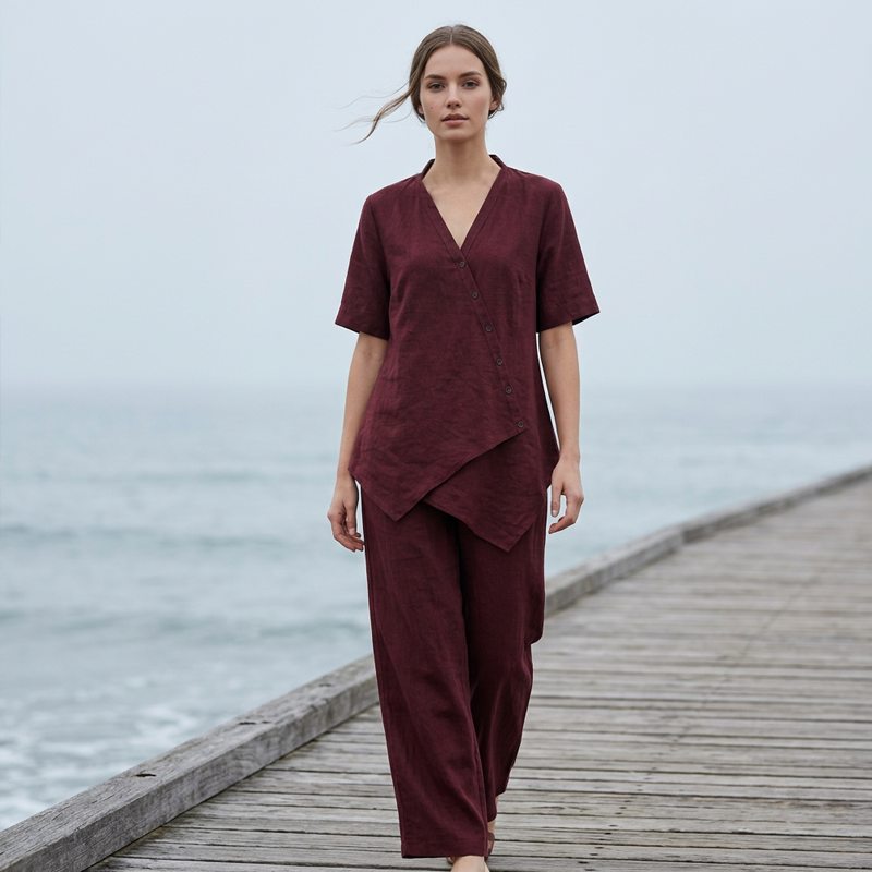 Ensemble femme composé d'un haut asymétrique et d'un pantalon à jambes larges