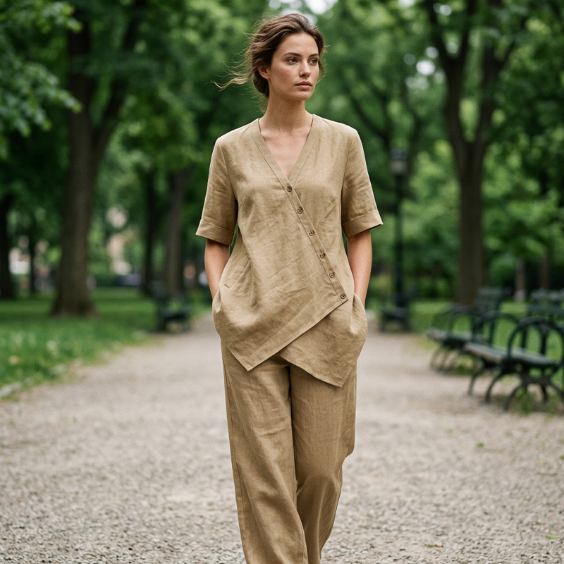 Ensemble femme composé d'un haut asymétrique et d'un pantalon à jambes larges