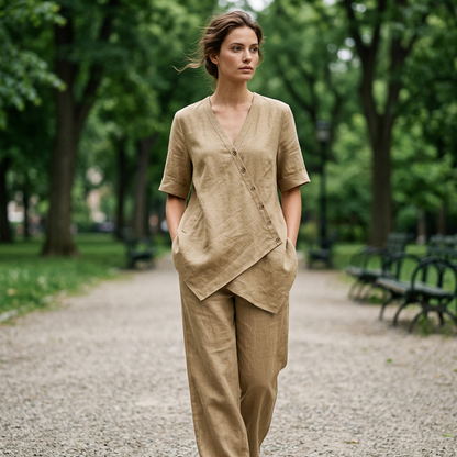 Ensemble femme composé d'un haut asymétrique et d'un pantalon à jambes larges