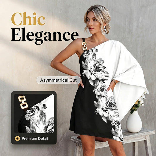 👗 Robe Femme Une Épaule Asymétrique Imprimé Floral Noir et Blanc – Modèle Chic à Bretelle Décorative