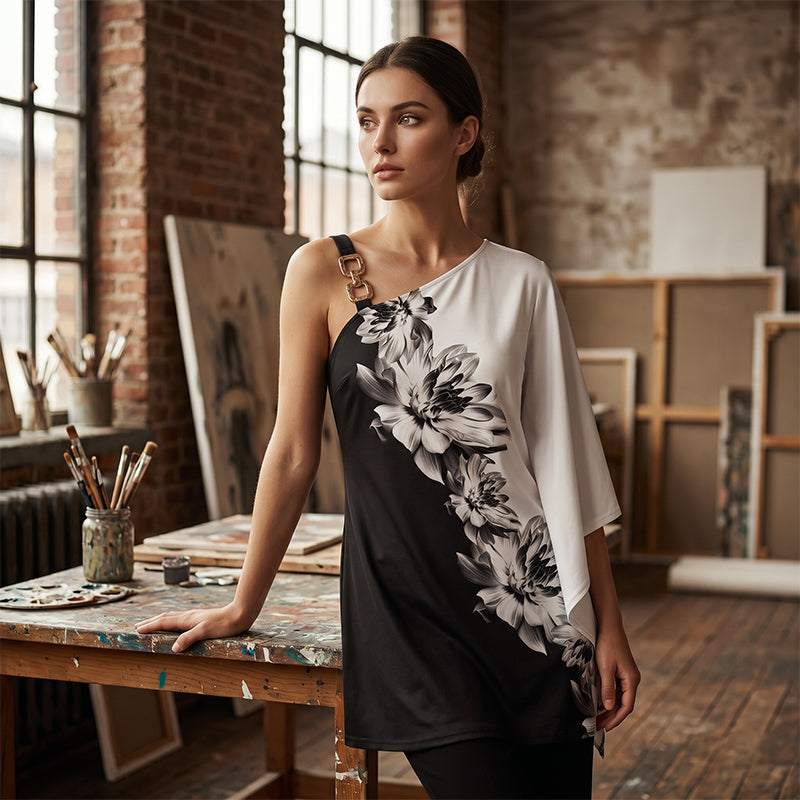 👗 Robe Femme Une Épaule Asymétrique Imprimé Floral Noir et Blanc – Modèle Chic à Bretelle Décorative