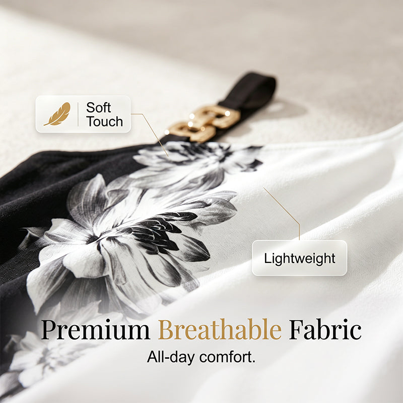 👗 Robe Femme Une Épaule Asymétrique Imprimé Floral Noir et Blanc – Modèle Chic à Bretelle Décorative