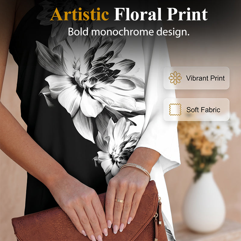 👗 Robe Femme Une Épaule Asymétrique Imprimé Floral Noir et Blanc – Modèle Chic à Bretelle Décorative