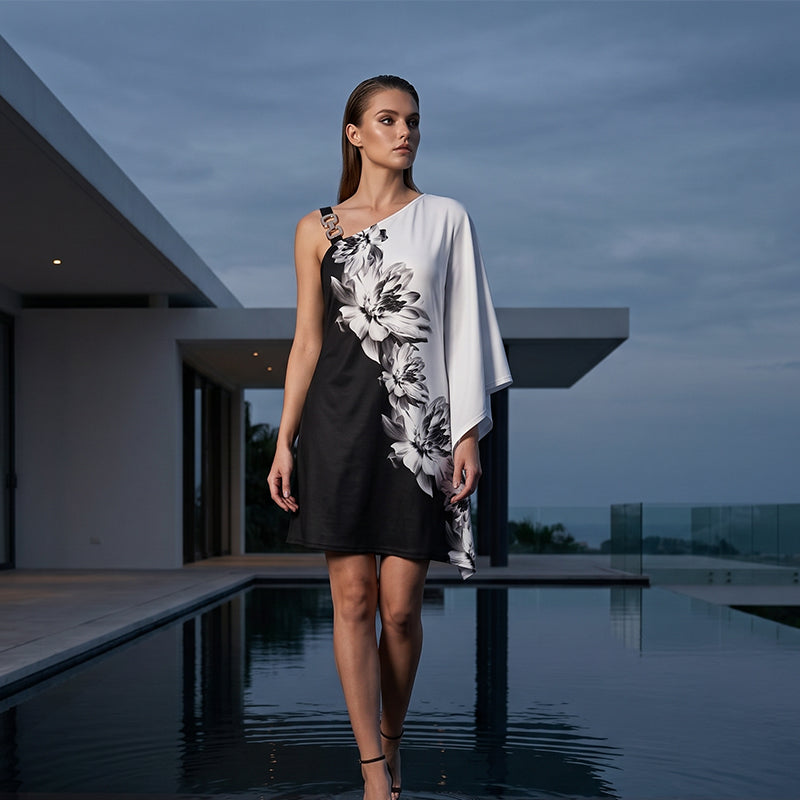 👗 Robe Femme Une Épaule Asymétrique Imprimé Floral Noir et Blanc – Modèle Chic à Bretelle Décorative