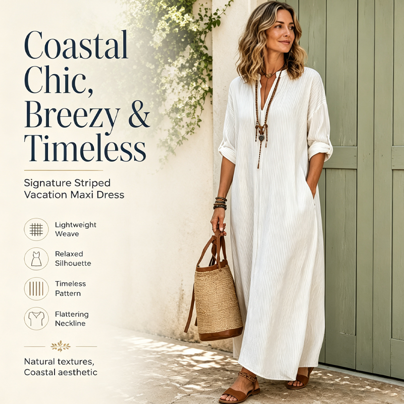 👗 Robe Longue Femme Bohème à Rayures Verticales Col V – Manches Mi-Longues Tissu Fluide Coupe Ample🔥-58%