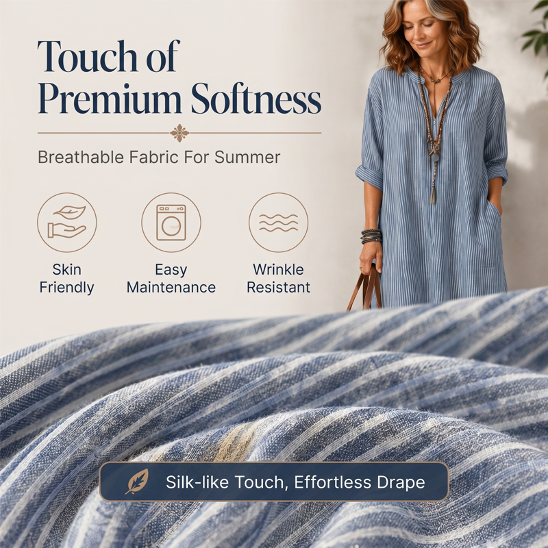 👗 Robe Longue Femme Bohème à Rayures Verticales Col V – Manches Mi-Longues Tissu Fluide Coupe Ample🔥-58%