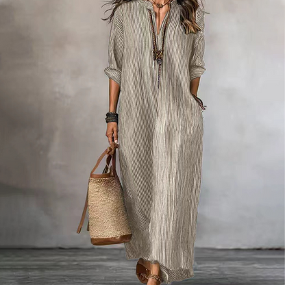 👗 Robe Longue Femme Bohème à Rayures Verticales Col V – Manches Mi-Longues Tissu Fluide Coupe Ample🔥-58%