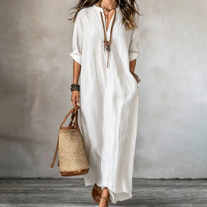 👗 Robe Longue Femme Bohème à Rayures Verticales Col V – Manches Mi-Longues Tissu Fluide Coupe Ample🔥-58%