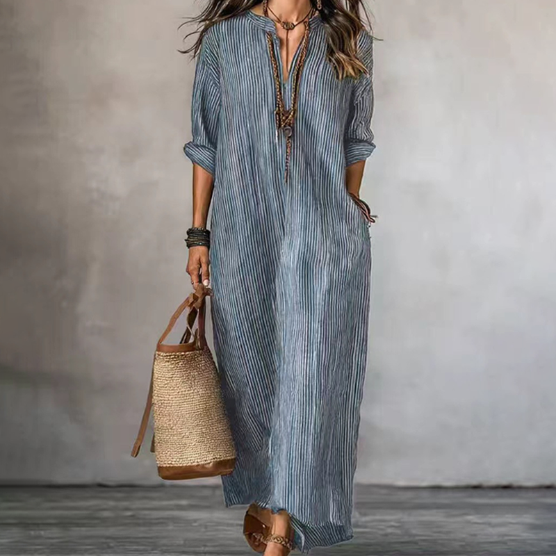 👗 Robe Longue Femme Bohème à Rayures Verticales Col V – Manches Mi-Longues Tissu Fluide Coupe Ample🔥-58%