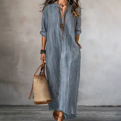 👗 Robe Longue Femme Bohème à Rayures Verticales Col V – Manches Mi-Longues Tissu Fluide Coupe Ample🔥-58%