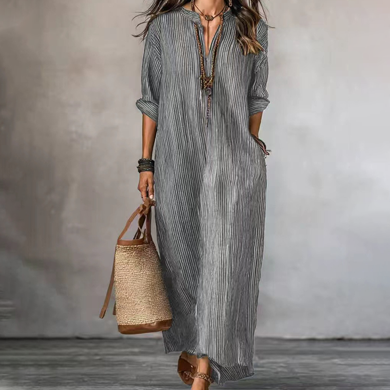 👗 Robe Longue Femme Bohème à Rayures Verticales Col V – Manches Mi-Longues Tissu Fluide Coupe Ample🔥-58%
