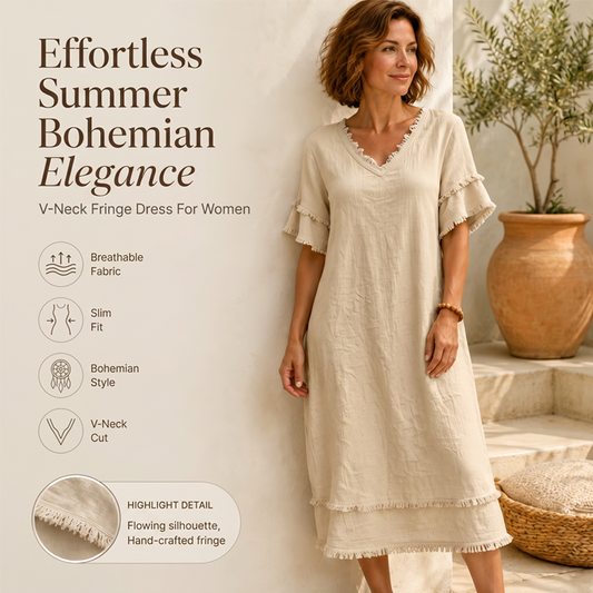 Robe midi ample à col en V et pompons pour femme