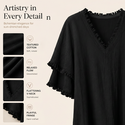 Robe midi ample à col en V et pompons pour femme