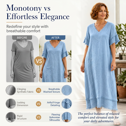 Robe midi ample à col en V et pompons pour femme
