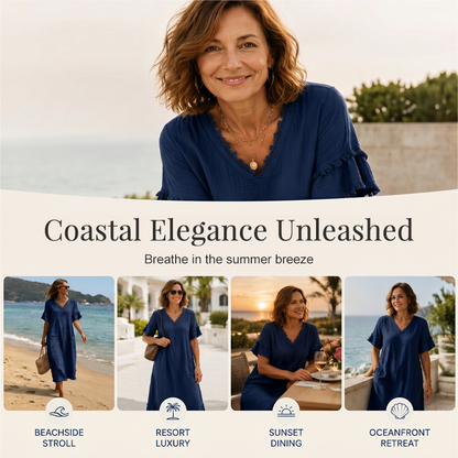 Robe midi ample à col en V et pompons pour femme