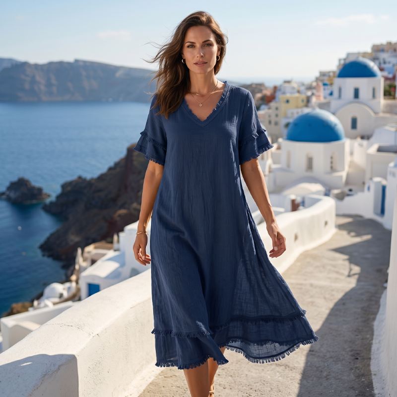 Robe midi ample à col en V et pompons pour femme
