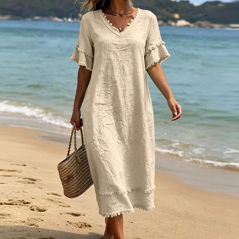 Robe midi ample à col en V et pompons pour femme