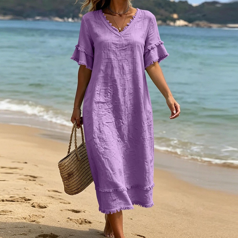 Robe midi ample à col en V et pompons pour femme